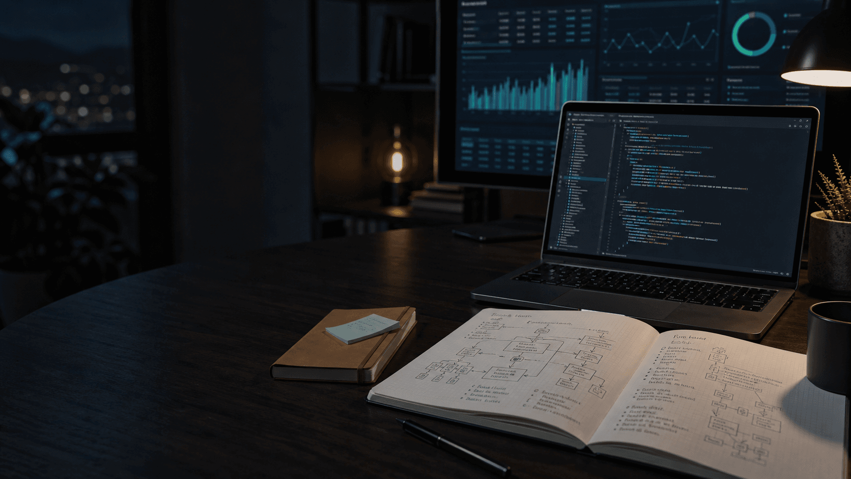 Escritorio de trabajo con laptop, diagramas de sistemas y paneles de datos.